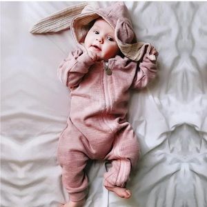 Baby Boys Girls Rabbit Ear Zipper Romper Hooded Bunny Bodysuit Infant Long Sleev